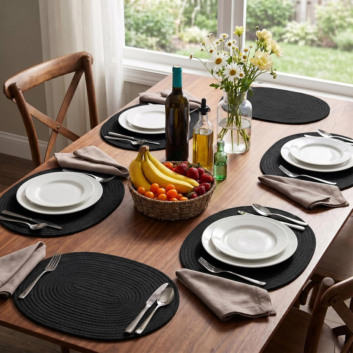 Oval Woven Cotton Placemats Set of 6, Thick Braided Rope Table Mats, 17 x 13 Inches Large Non Slip Heat Resistant Place Mats for Dining Table, Farmhouse Boho Hot Pads for Kitchen Decor (6, Black)