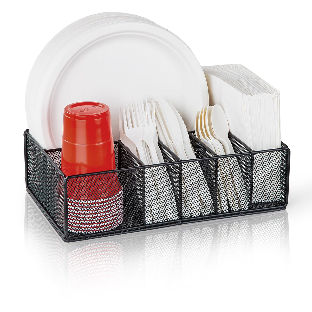 Paper Plate Organizer for Countertop, Metal Silverware Caddy for Cup, Napkin, Fork, Spoon, Paper Plate and Utensil Holder, Cutlery Caddy for Party, Camping, Picnic (Black)