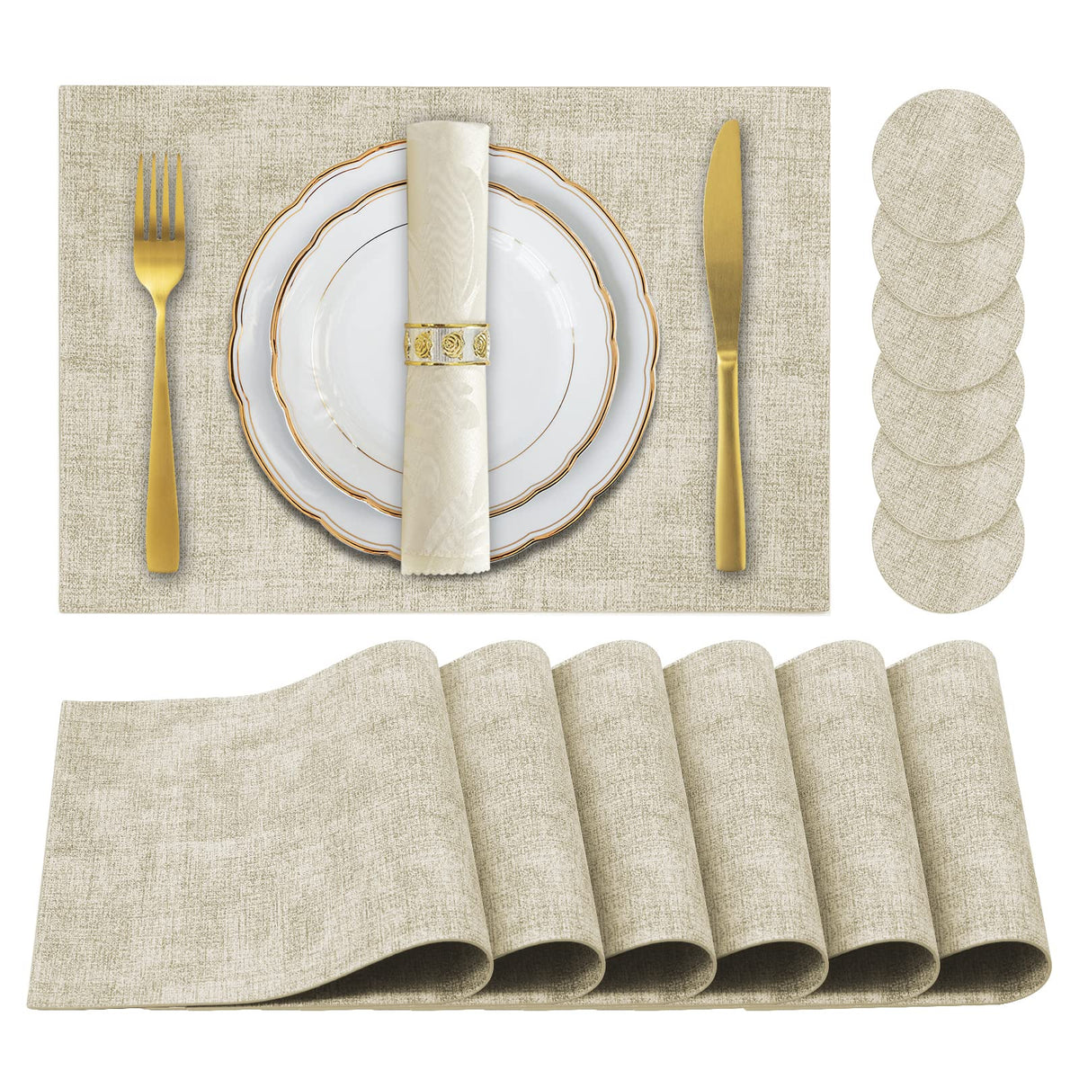 Faux Leather Placemats Set of 6,Heat Resistant Placemats for Dining Table, Easy Clean Non-Slip Place Mats, Waterproof Stain Resistant Wipeable Washable PU Table Mats, (Coffee)