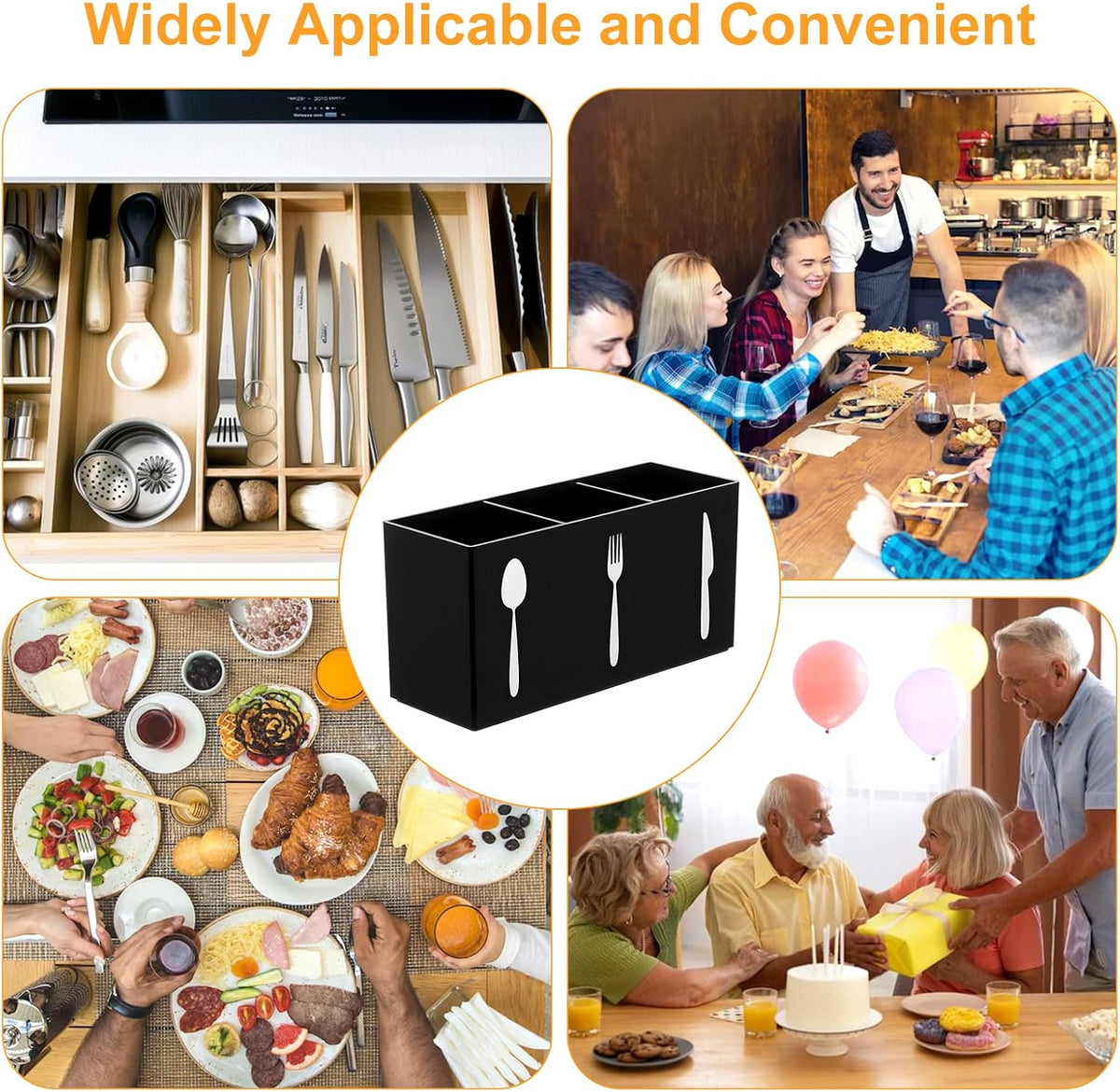 Cutlery Storage Organizer Silverware Caddy Utensil Holder Countertop Knife Spoon and Fork Organizer Kitchen 3 Section Tableware Storage Box Indoor Outdoor Party Tableware Holder (Black)