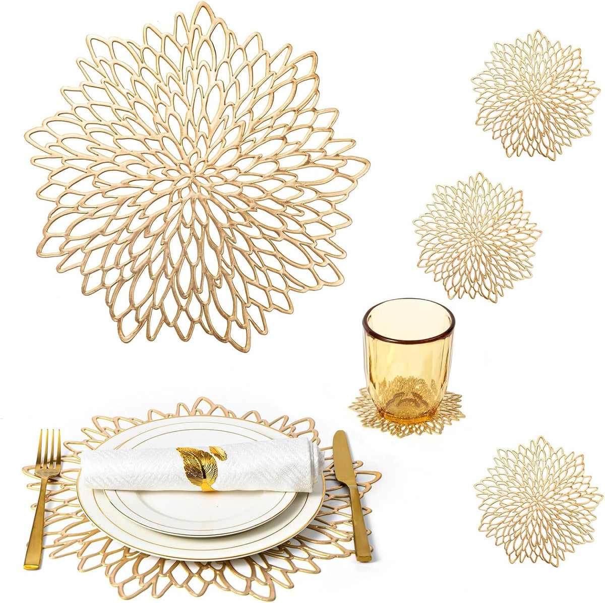 Gold Placemats Set of 8 Table Mats Gold Charger Plates Place Mats & 8 Pcs Coasters Wipeable Modern Holiday Round Placemats for Christmas Thanksgiving Farmhouse Wedding Dining Table Setting Decor