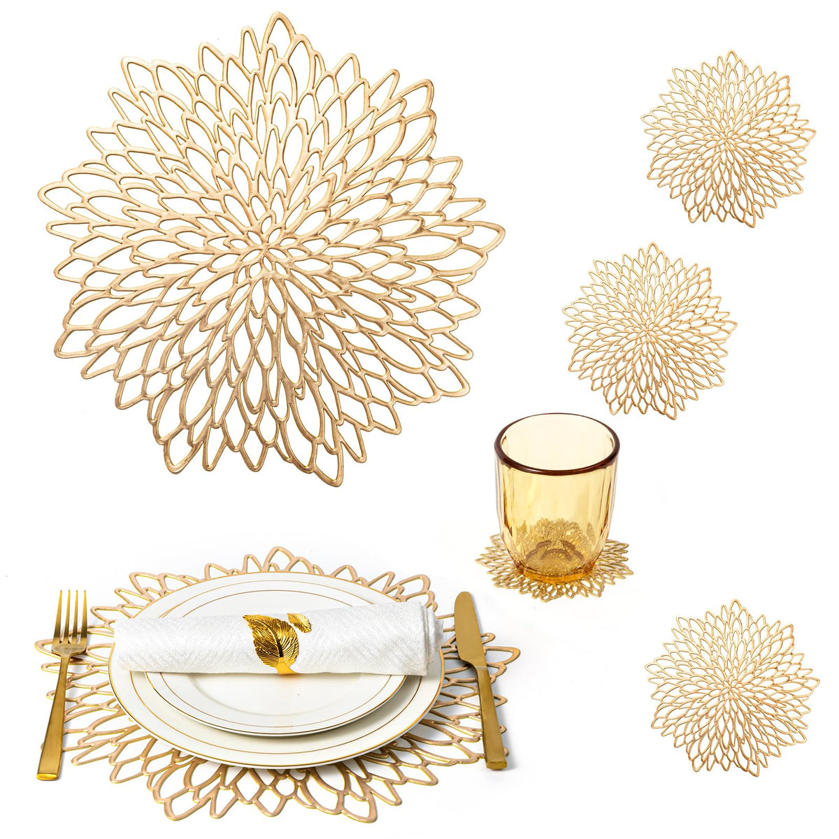Gold Placemats Set of 8 Table Mats Gold Charger Plates Place Mats & 8 Pcs Coasters Wipeable Modern Holiday Round Placemats for Christmas Thanksgiving Farmhouse Wedding Dining Table Setting Decor