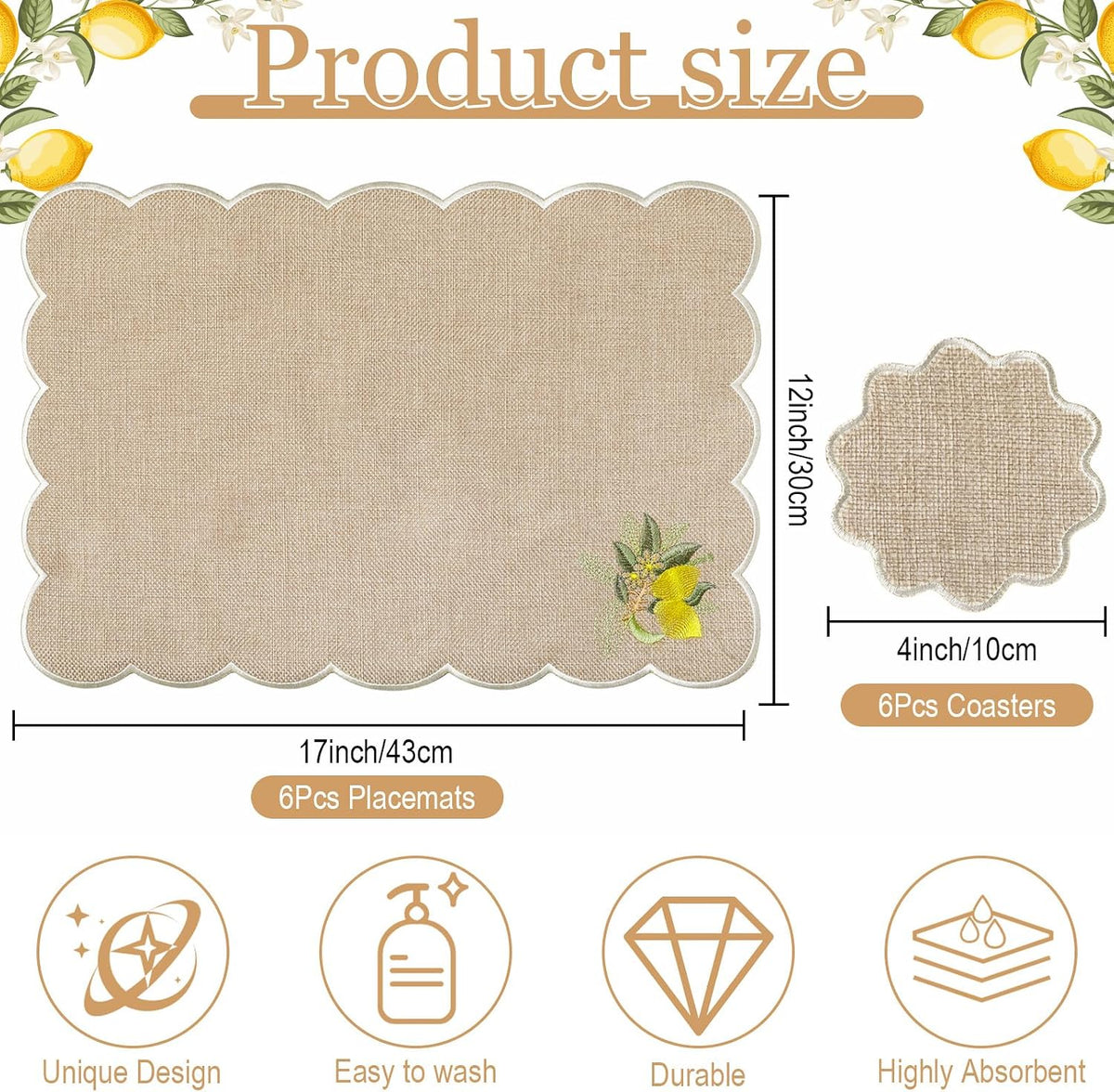Set of 12 Lemon Cotton Linen Placemats Coaster, 12 x 17 Heat Resistant Embroidery Scalloped Placemats, 4" Summer Kitchen Coaster Double Layered Rustic Dinner Table Decoration(Linen and White)