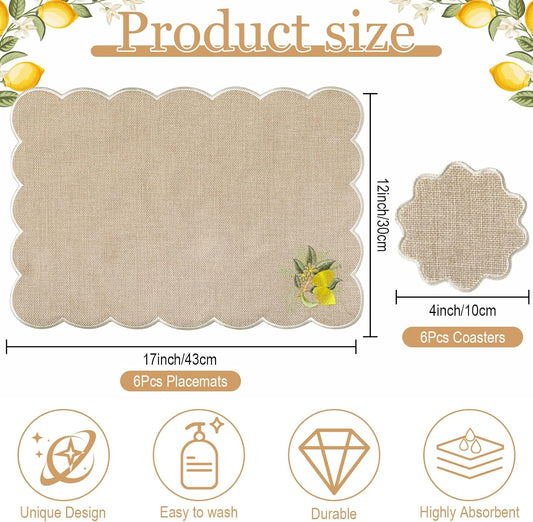Set of 12 Lemon Cotton Linen Placemats Coaster, 12 x 17 Heat Resistant Embroidery Scalloped Placemats, 4" Summer Kitchen Coaster Double Layered Rustic Dinner Table Decoration(Linen and White)