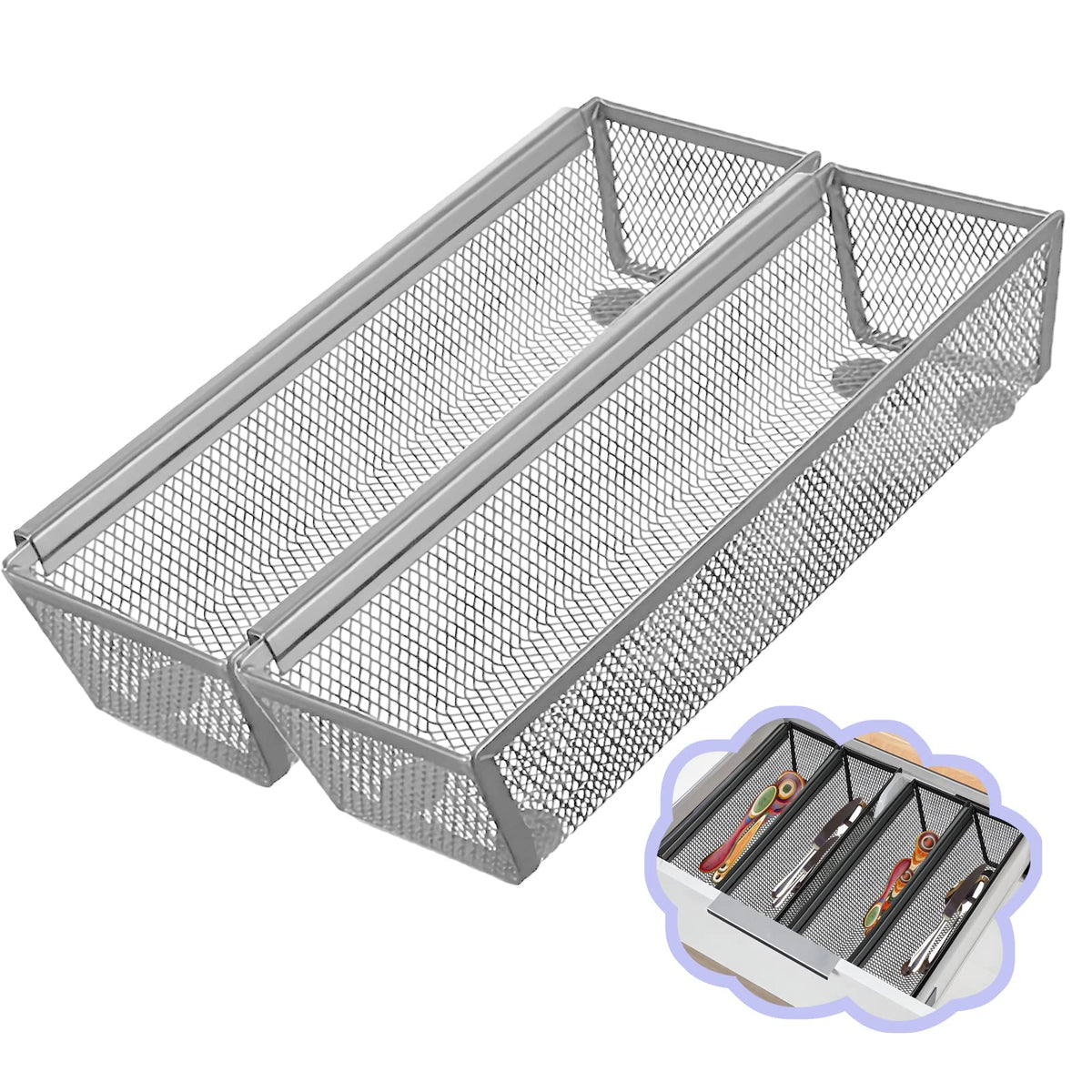 2PCS Utensil Drawer Organizer for Kitchen, Mesh silverware drawer organizer