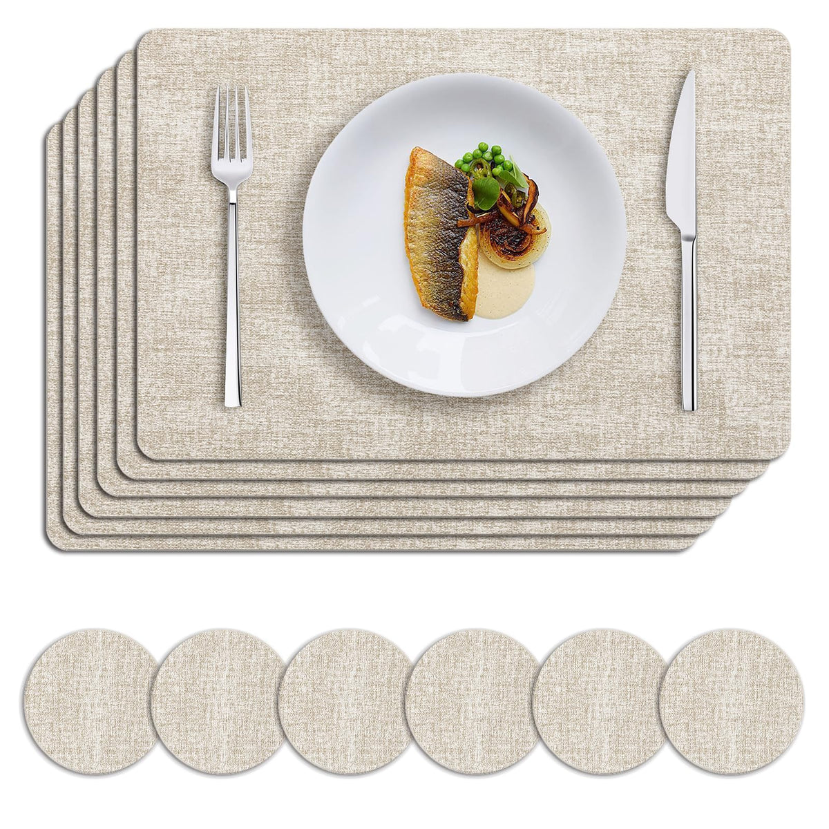 MOSAYT Placemats Set of 8, Heat Resistant Vinyl Place Mats with Coasters, Wipeable Washable 100% Waterproof Oil Proof Faux Leather Table Mats for Kitchen Dining Party Outdoor, 12" x 17", Orange