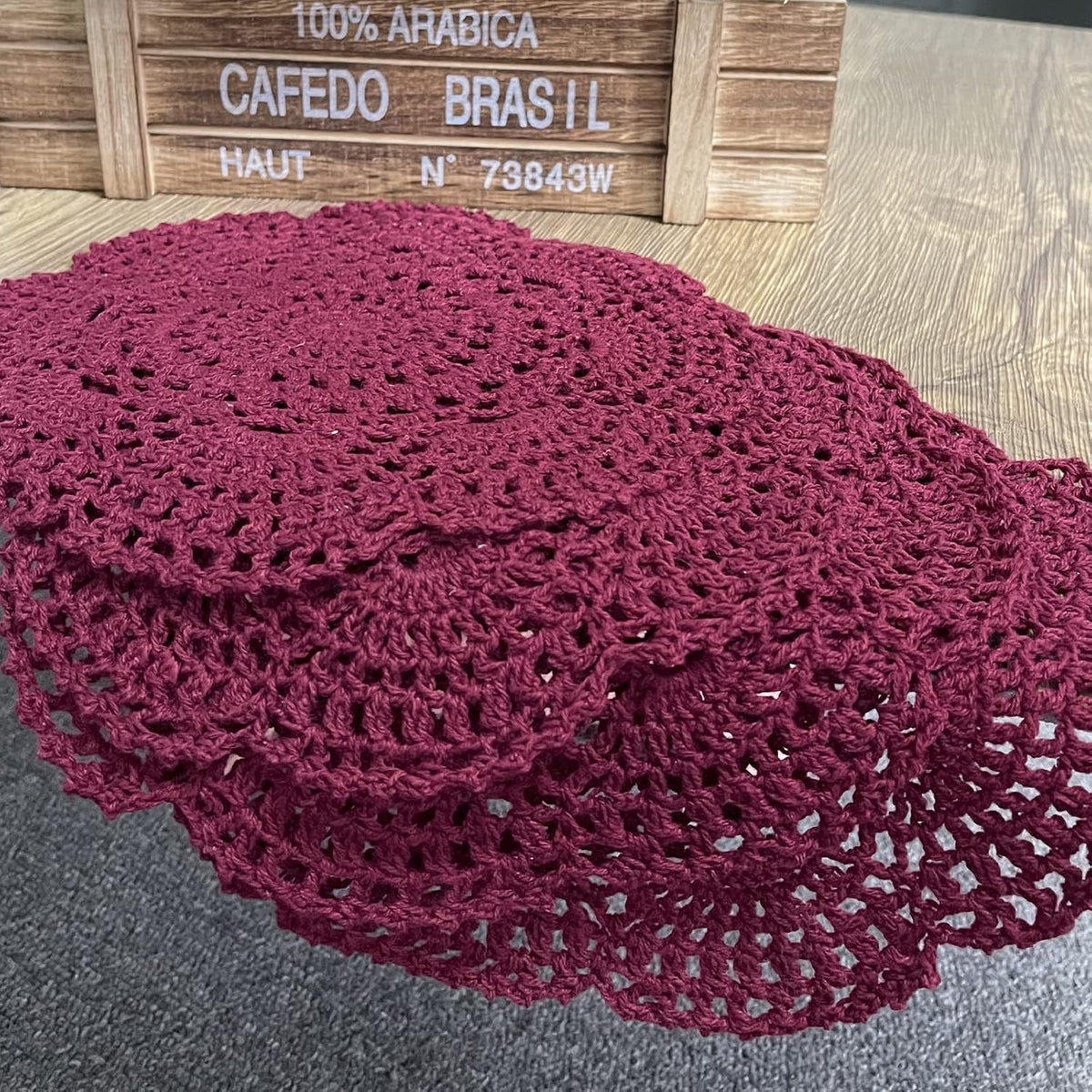 Phantomon 8 Inch Doilies Crochet Round Lace Doily Handmade Placemats 100% Cotton Crocheted Coasters, Pack of 4 (Burgundy)