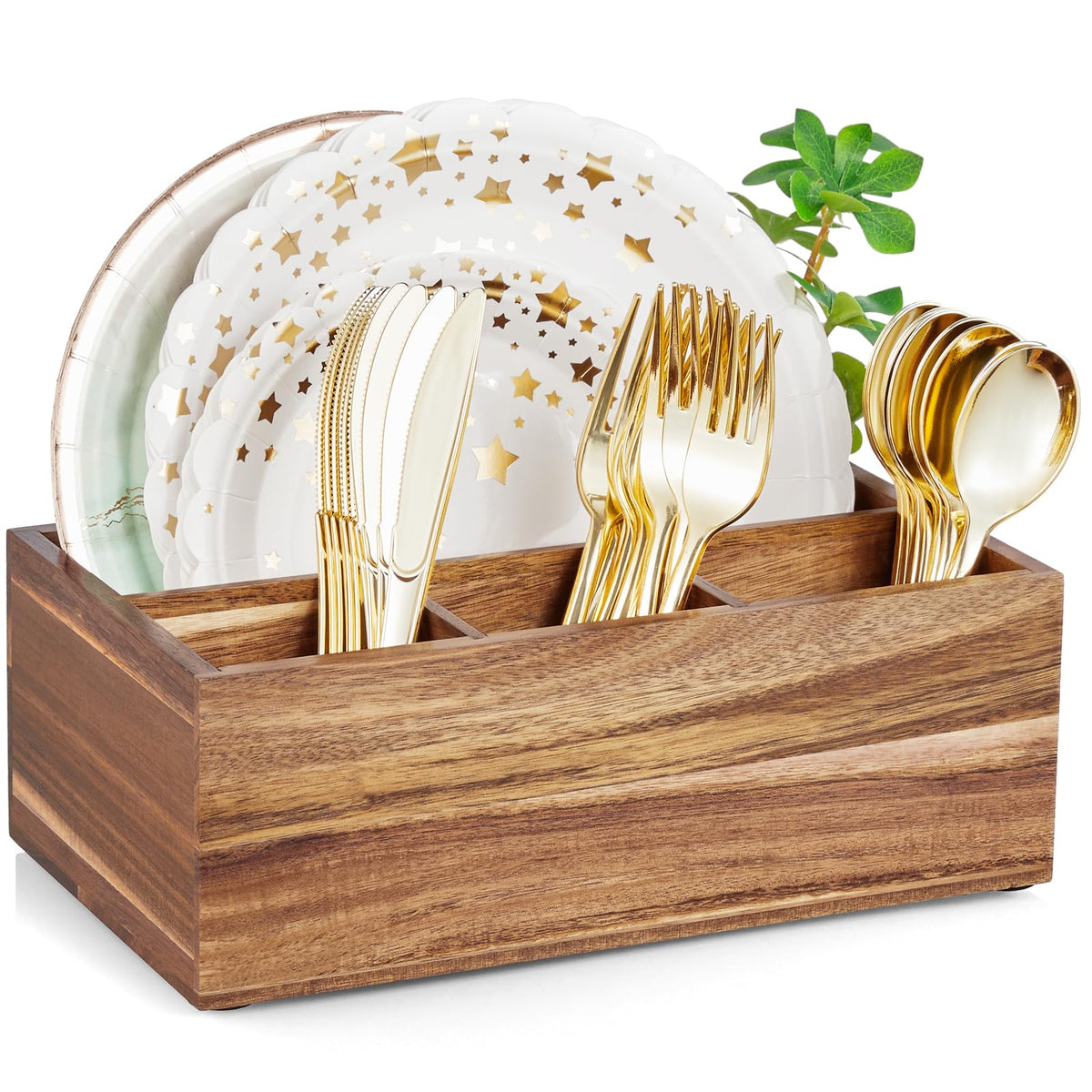 DRASTAR Utensil Caddy, Silverware Caddy for Party, Acacia Wood Silverware Holder, Silverware Organizer Countertop, Cutlery Storage Containers for Kitchen Table