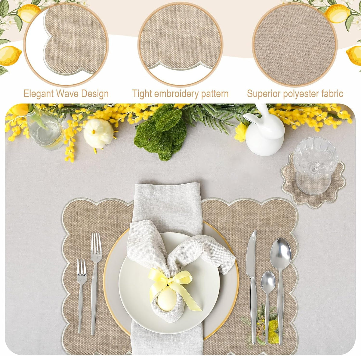 Set of 12 Lemon Cotton Linen Placemats Coaster, 12 x 17 Heat Resistant Embroidery Scalloped Placemats, 4" Summer Kitchen Coaster Double Layered Rustic Dinner Table Decoration(Linen and White)