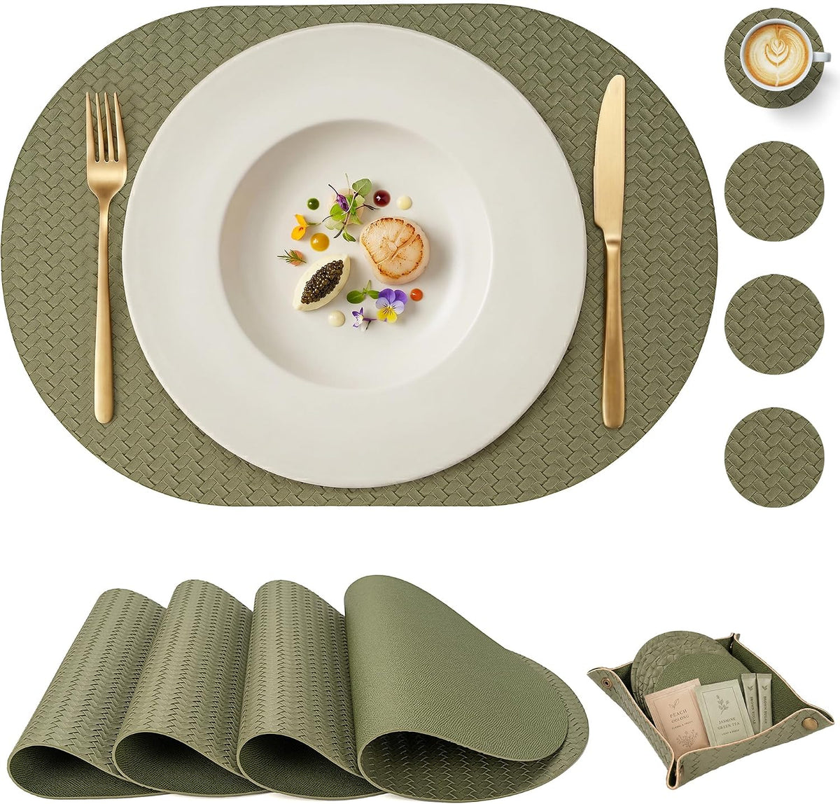Woven Faux Leather Oval Placemats Set of 4/6 with Coasters & Tray, Heat Resistant, Non-Slip, Washable Dining Table Mats