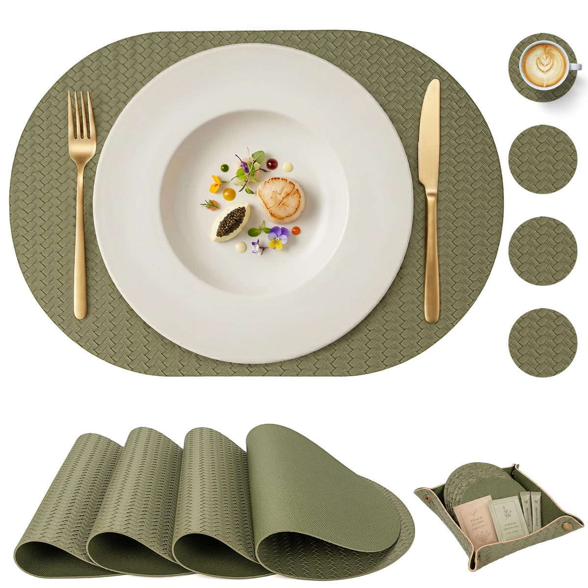 Woven Faux Leather Oval Placemats Set of 4/6 with Coasters & Tray, Heat Resistant, Non-Slip, Washable Dining Table Mats