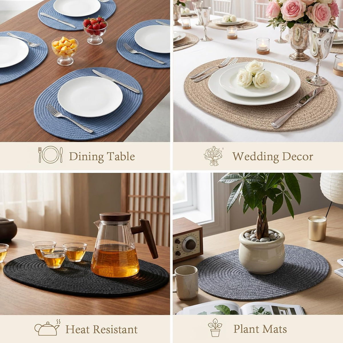 Oval Woven Cotton Placemats Set of 6, Thick Braided Rope Table Mats, 17 x 13 Inches Large Non Slip Heat Resistant Place Mats for Dining Table, Farmhouse Boho Hot Pads for Kitchen Decor (6, Black)