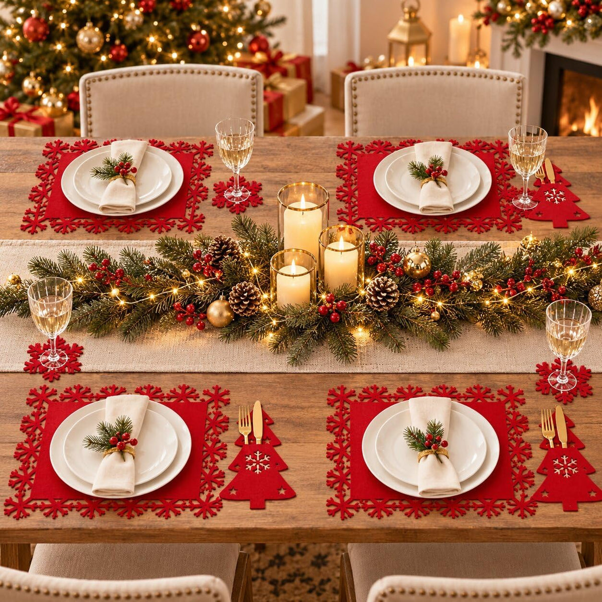 24 Pcs Red and Green Christmas Felt Place Mats and Coasters Set