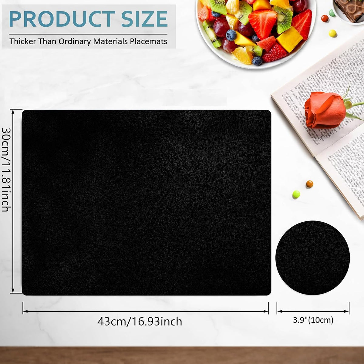 Placemats and Coasters Set of 6, Waterproof、Oil-Proof Wipeable、Anti Slip PVC Leather Place Mats, Heat Resistant Reversible Table Mats for Kitchen, Dining, Outdoor 17’’×12’’, (Black)