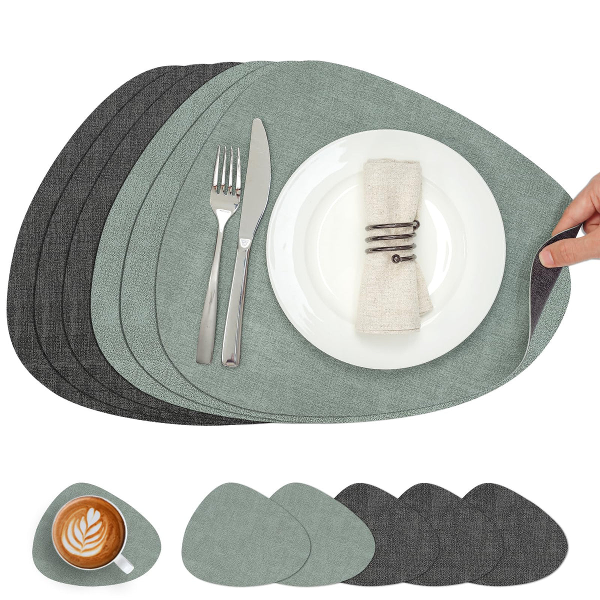 Faux Leather Placemats Set of 4, Dual Sided with Drink Coasters