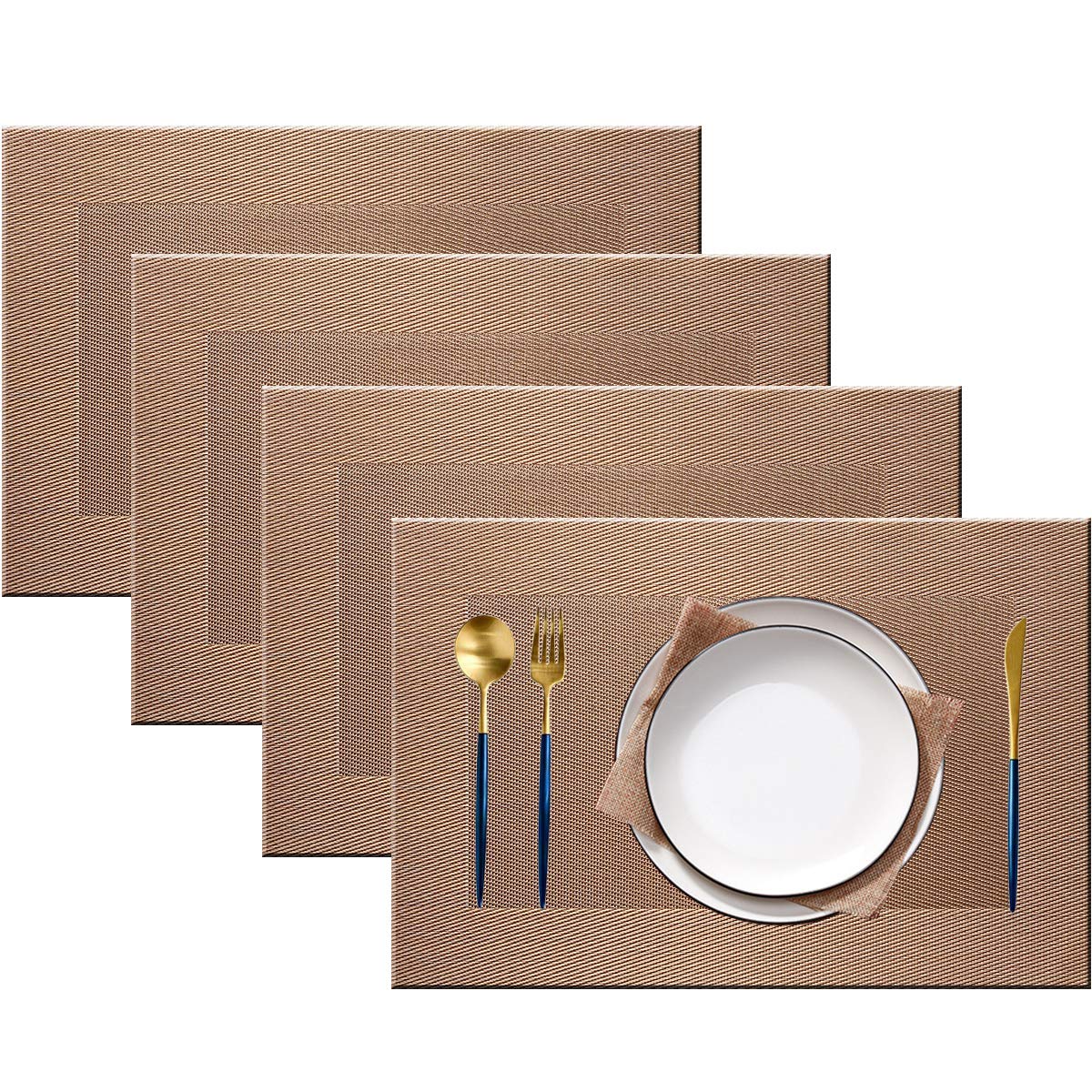 PIGCHCY Beige Placemats Set of 4 Vinyl PVC Durable Place Mats for Dining Table,Heat Resistant Non-Slip Woven Tabel Mats (18x12 inches, Beige)
