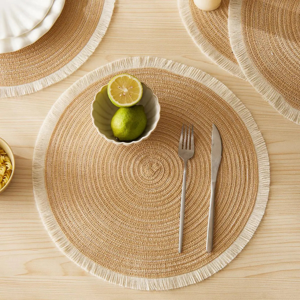 Round Boho Style Raffia Rope Placemat, 4 Counts/set Washable Table Mat, Coffee Table Mat, Decorative Place Mat, Boho Placemats Set for Home Kitchen Dining Room