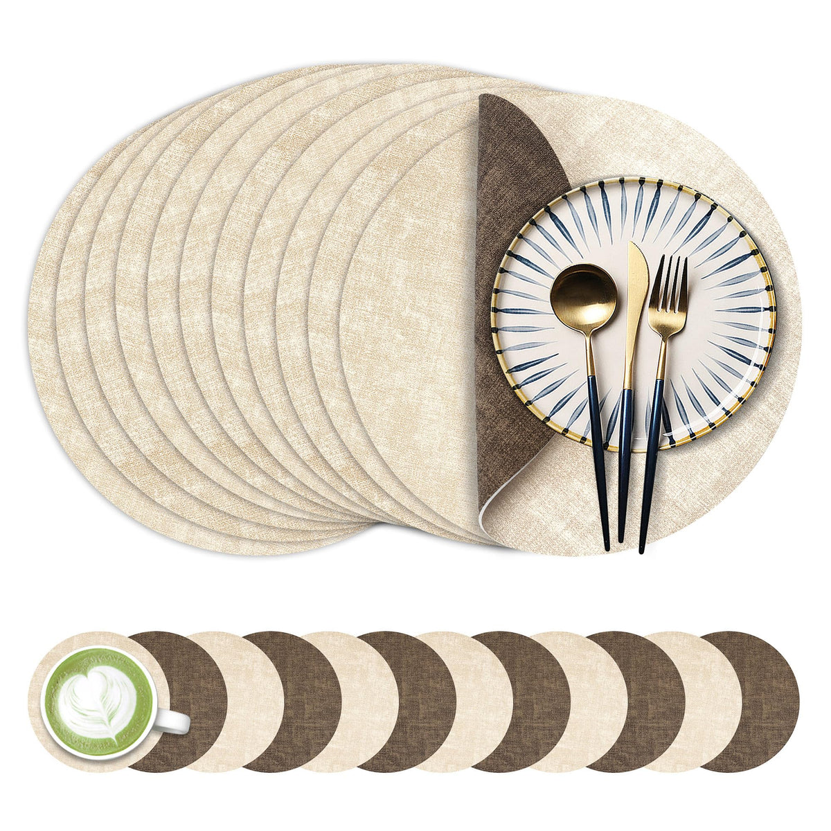 Fyvva Placemats Set of 6, 13" Round Reversible Faux Leather with Coasters