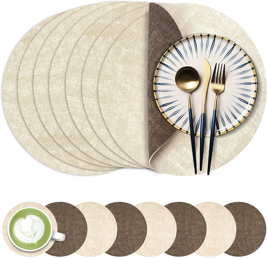 Fyvva Placemats Set of 8, 13" Round Reversible Faux Leather with Coasters