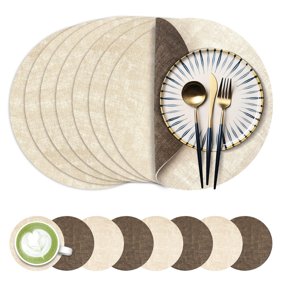 Fyvva Placemats Set of 6, 13" Round Reversible Faux Leather with Coasters