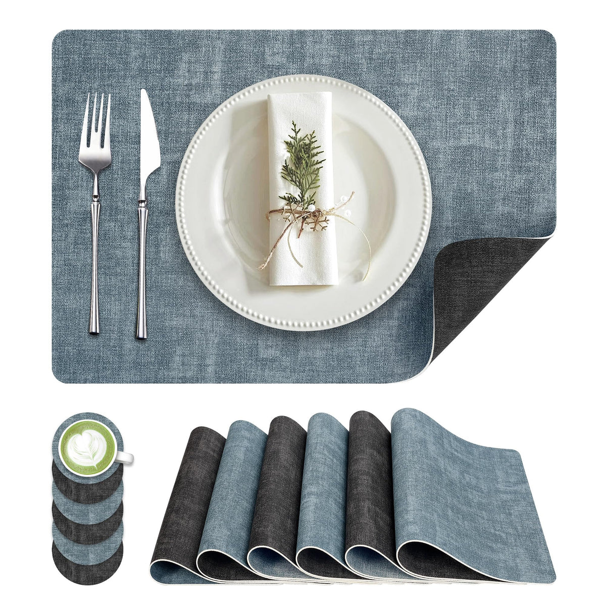 Fyvva Placemats Set of 6, 13" Round Reversible Faux Leather with Coasters