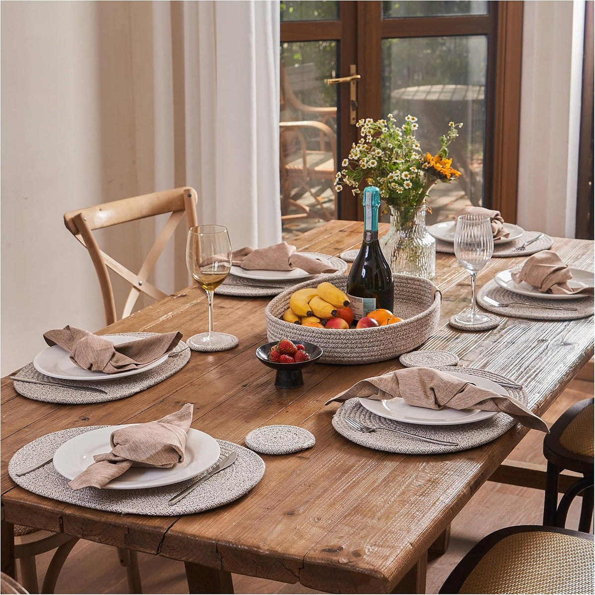 Oval Placemats Set of 6 with Coasters & Holder, Taupe Mix