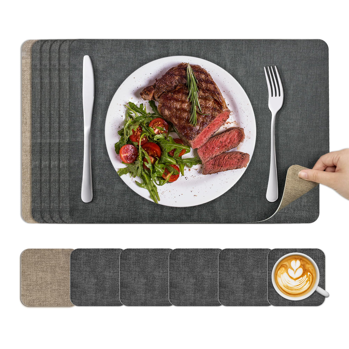 KitchenBoss Placemats Set and Coasters Set of 6, Anti-Slip Dining Table Mats, Wipeable Waterproof Heat Resistant Double-Sided Place Mats for Dining Tables and Desks, Dark Grey (Beige and Dark Gray)