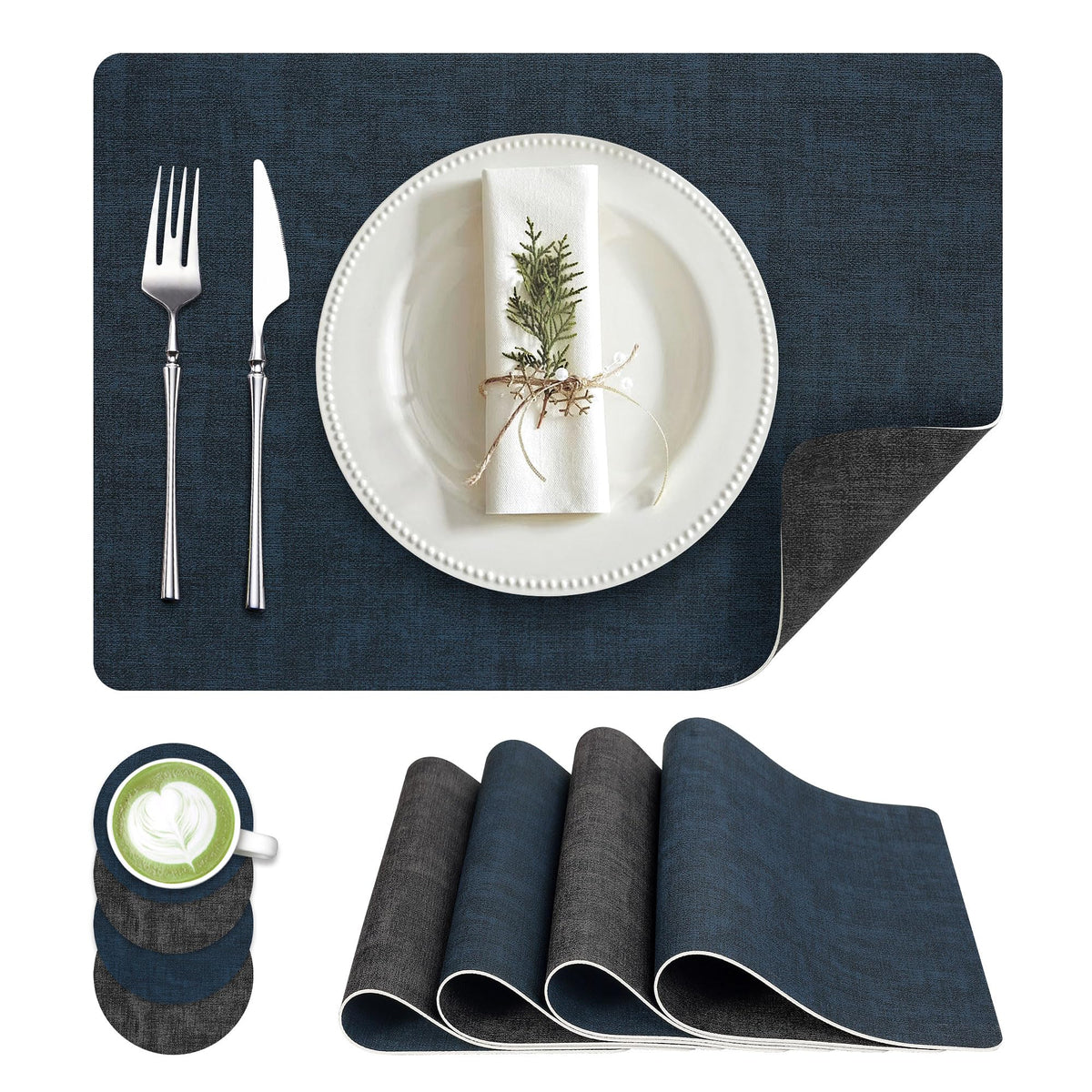 Fyvva Placemats Set of 6, 13" Round Reversible Faux Leather with Coasters