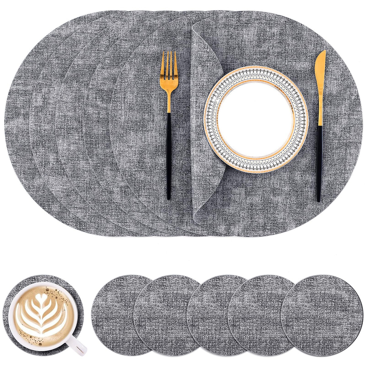 Homaxy Round Faux Leather Placemats and Coasters, Set of 4, Beige