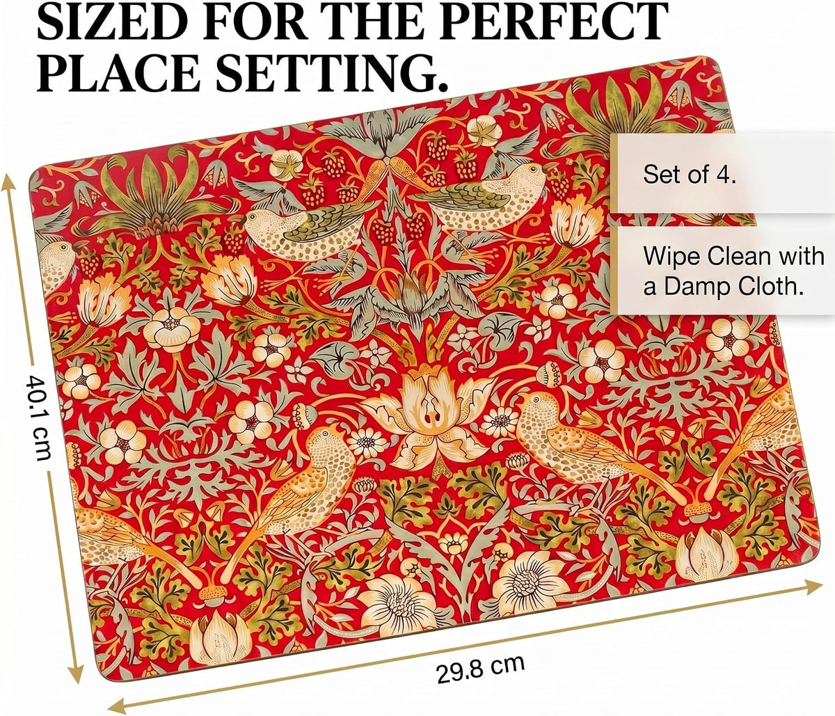 Pimpernel Morris & Co Strawberry Thief Red Placemats, Set of 4 - Heat & Stain Resistant, Cork Back Table Mats Featuring Classic Birds & Botanical Design - Minimal Tableware for Hosting