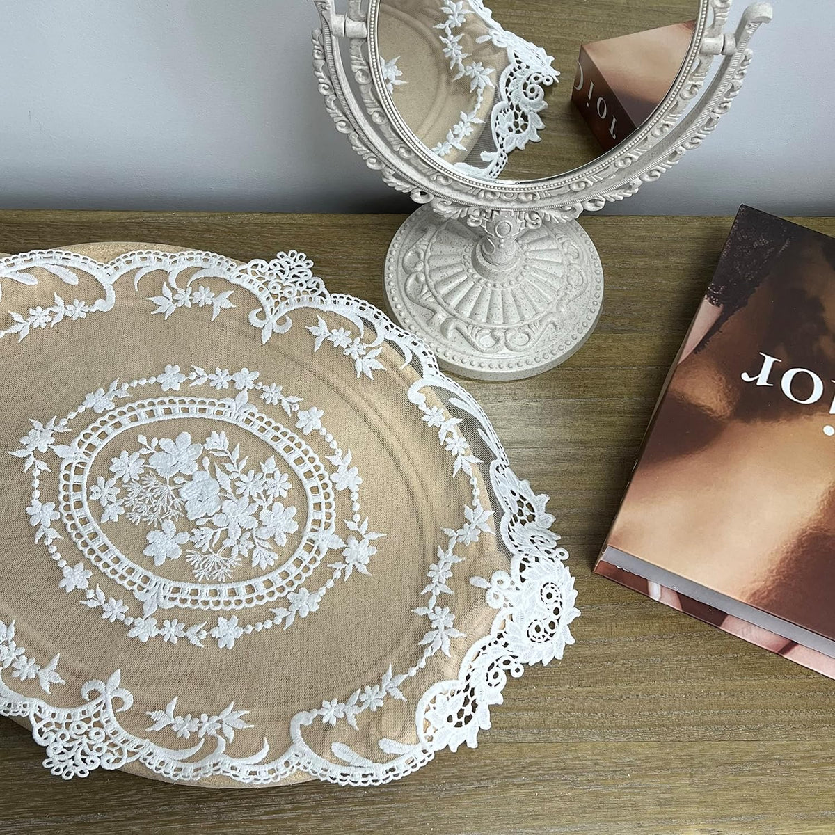 2PACK Retro French Style Lace Placemats Farmhouse Lace Doilies Embroidered Cup Mat vase mat 16.5”x11.6”,White (2)