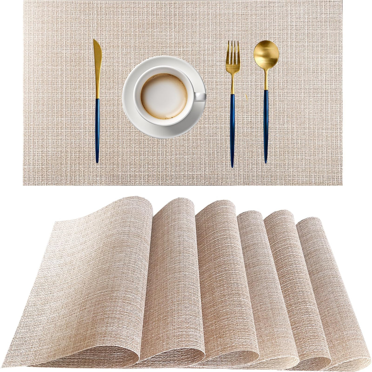 PIGCHCY Beige Placemats Set of 4 Vinyl PVC Durable Place Mats for Dining Table,Heat Resistant Non-Slip Woven Tabel Mats (18x12 inches, Beige)