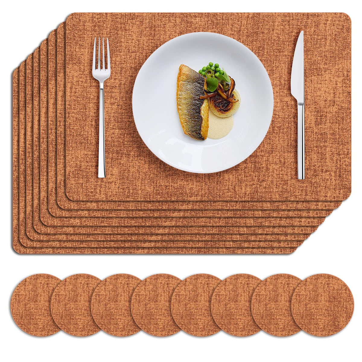 MOSAYT Placemats Set of 8, Heat Resistant Vinyl Place Mats with Coasters, Wipeable Washable 100% Waterproof Oil Proof Faux Leather Table Mats for Kitchen Dining Party Outdoor, 12" x 17", Orange