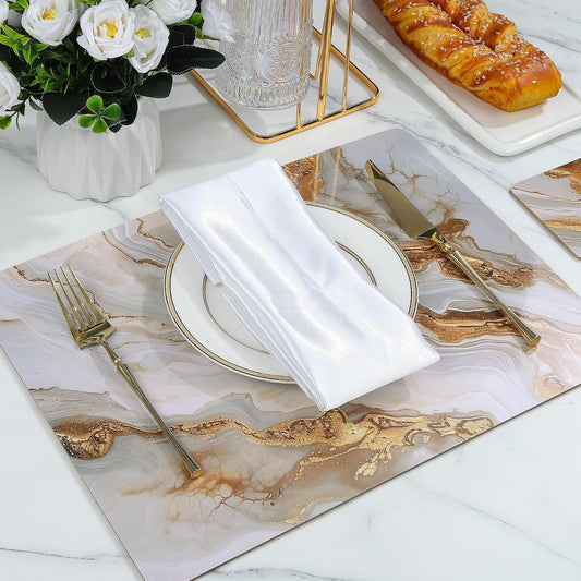 fanquare Hard Cork Placemats and Coasters Set of 4 with Marble Pattern Design Easy to Clean Abstract Artistic Placemat for Dining Table Décor, Gold Sand