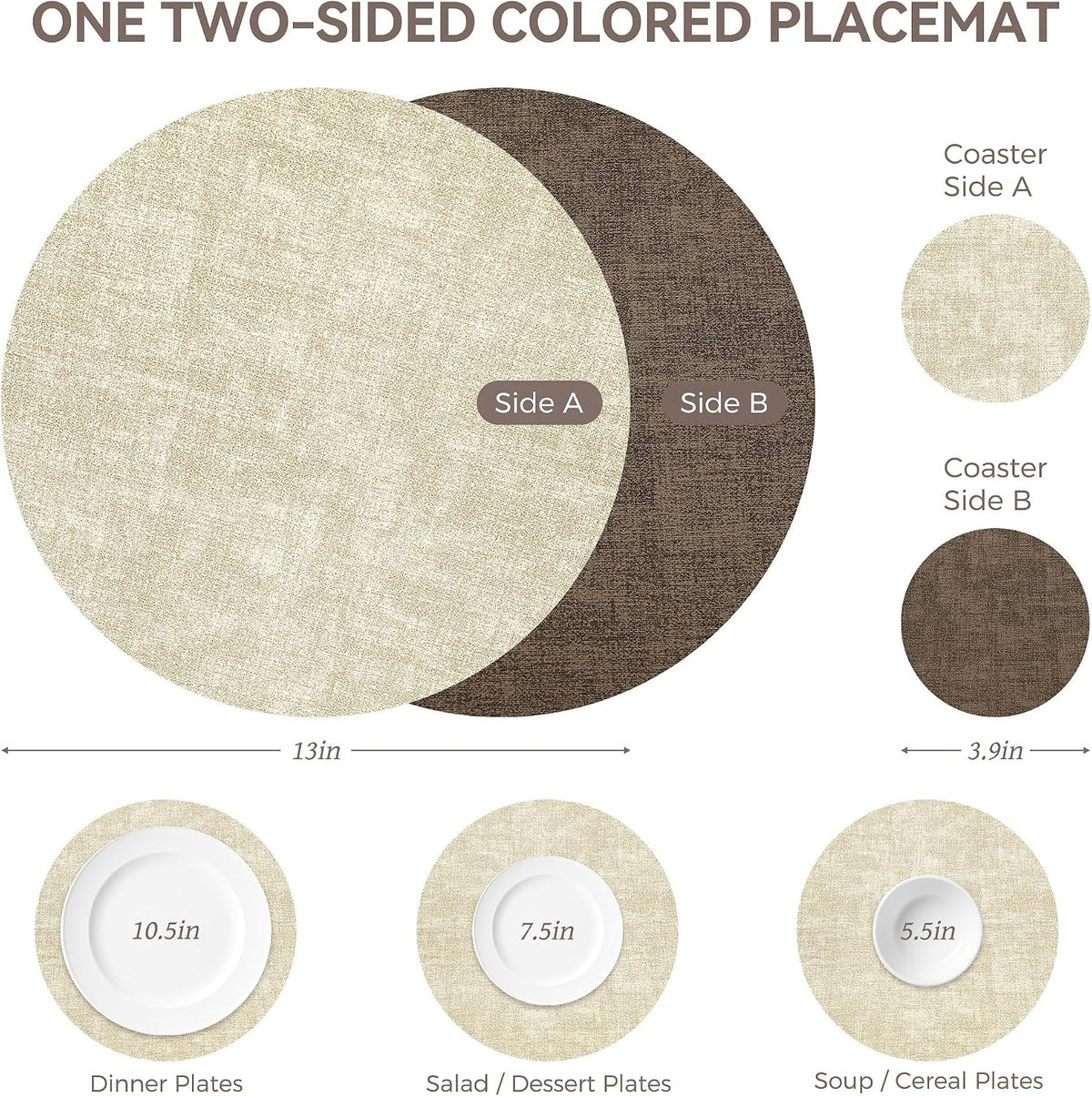 NCUE 13" Faux Leather Round Placemats Set of 6, Reversible Dual-Color