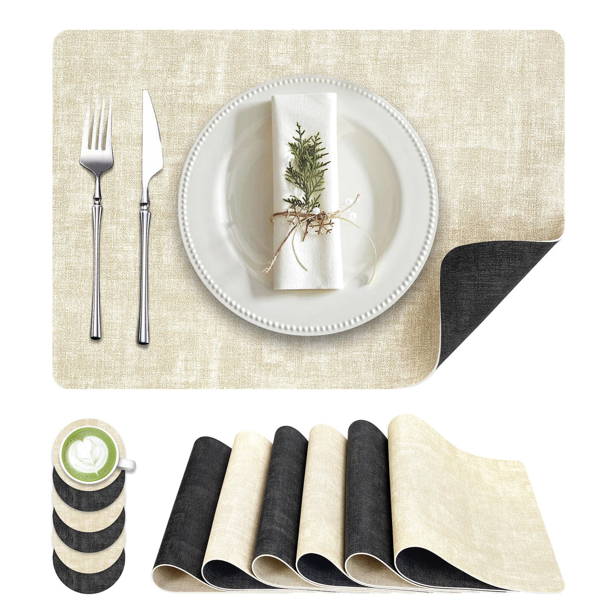 Fyvva Placemats Set of 6, 13" Round Reversible Faux Leather with Coasters