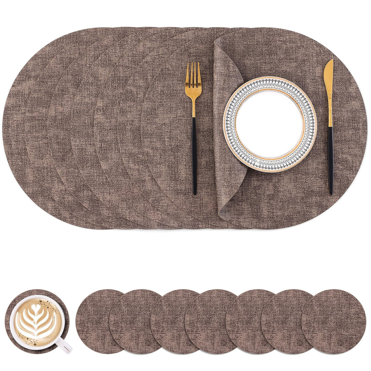 Homaxy Round Faux Leather Placemats and Coasters, Set of 4, Beige