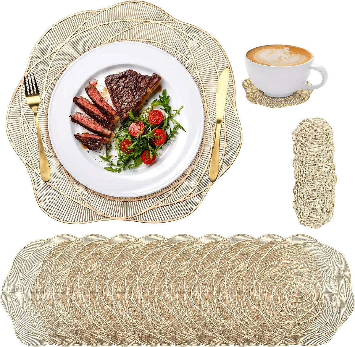 Lyellfe 20 Pack Gold Pressed Vinyl Placemats, 15 Inch Metallic Non-Slip