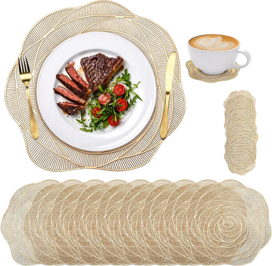 Lyellfe 20 Pack Gold Pressed Vinyl Placemats, 15 Inch Metallic Non-Slip