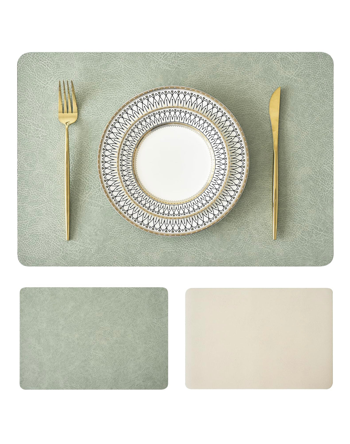 Reversible Faux Leather Placemats and Coasters Set of 4, 12x17 Inch – Hotel-Quality Heat Resistant & Waterproof Wipeable Table Mats, Non-Slip for Dining Kitchen (Mist Blue)