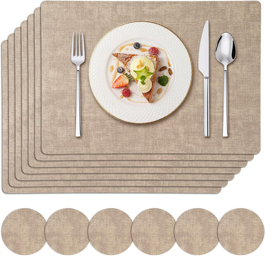 6 Placemats and 6 Coasters Set PU Leather Placemats for Dining Table – Waterproof, Heat Resistant, Easy to Clean, Non-Slip Table Mats for Kitchen, 43×30cm with 10cm Coasters, Dual-Sided Faux Leather