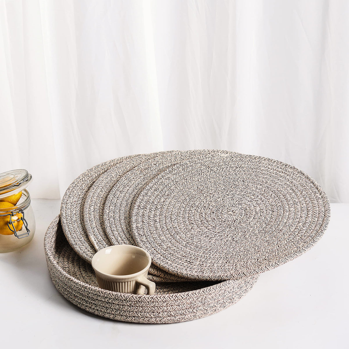 9-Piece Cotton Rope Placemats, Coasters & Holder, Off White