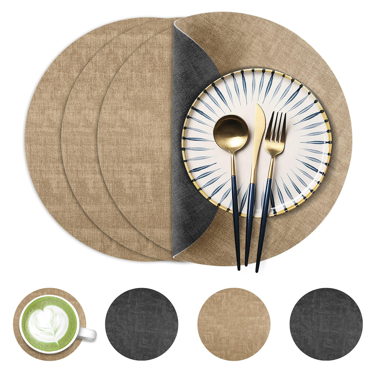 Fyvva Placemats Set of 6, 13" Round Reversible Faux Leather with Coasters