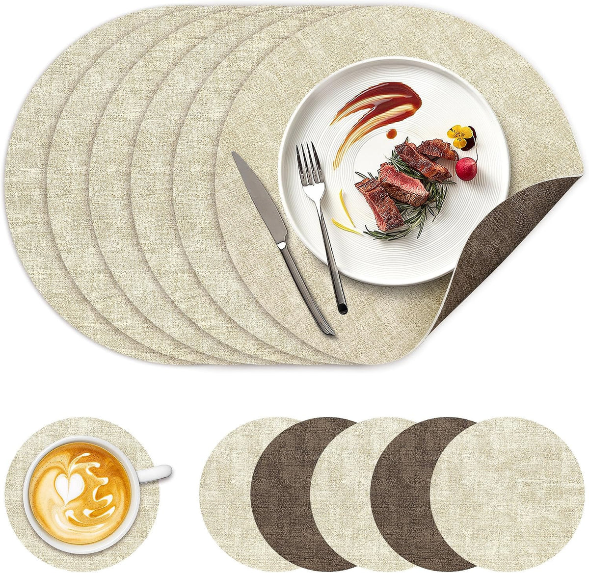 NCUE 13" Faux Leather Round Placemats Set of 6, Reversible Dual-Color