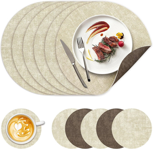 NCUE 13" Faux Leather Round Placemats Set of 6, Reversible Dual-Color