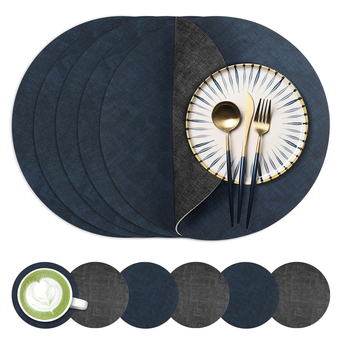 Fyvva Placemats Set of 6, 13" Round Reversible Faux Leather with Coasters