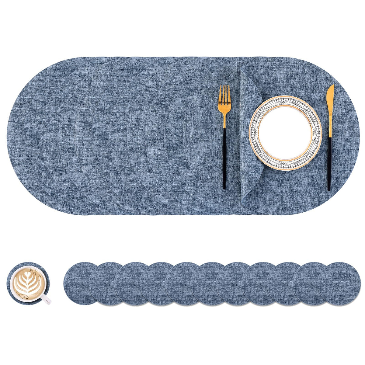 Homaxy Round Faux Leather Placemats and Coasters, Set of 6, Beige