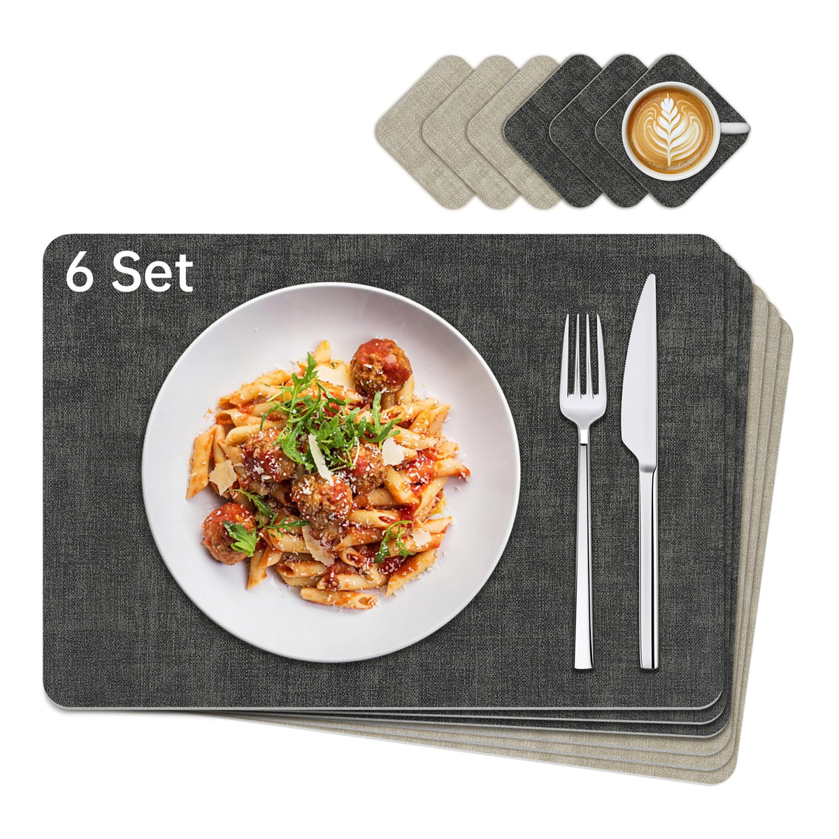 KitchenBoss Placemats Set and Coasters Set of 6, Anti-Slip Dining Table Mats, Wipeable Waterproof Heat Resistant Double-Sided Place Mats for Dining Tables and Desks, Dark Grey (Beige and Dark Gray)