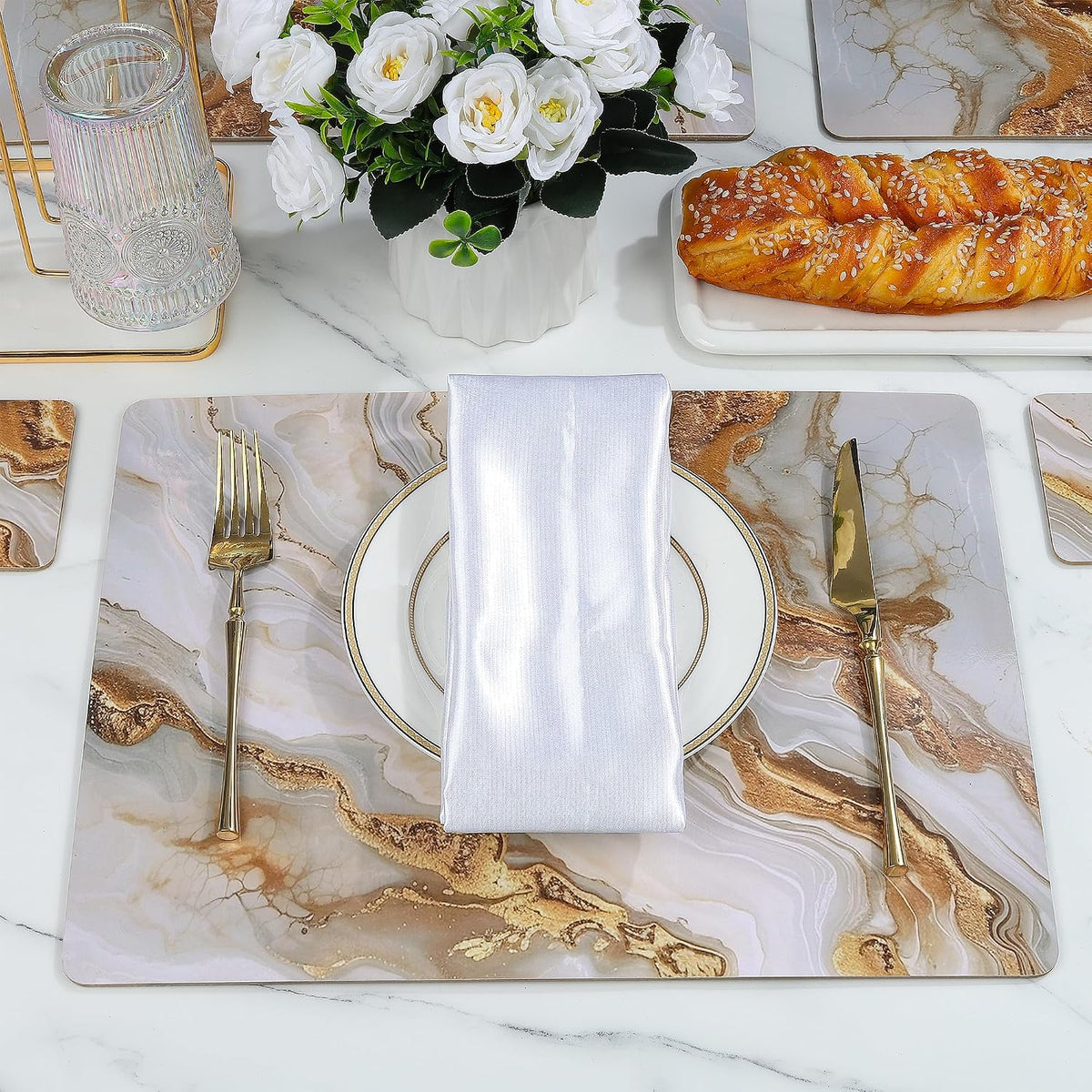 fanquare Hard Cork Placemats and Coasters Set of 4 with Marble Pattern Design Easy to Clean Abstract Artistic Placemat for Dining Table Décor, Gold Sand