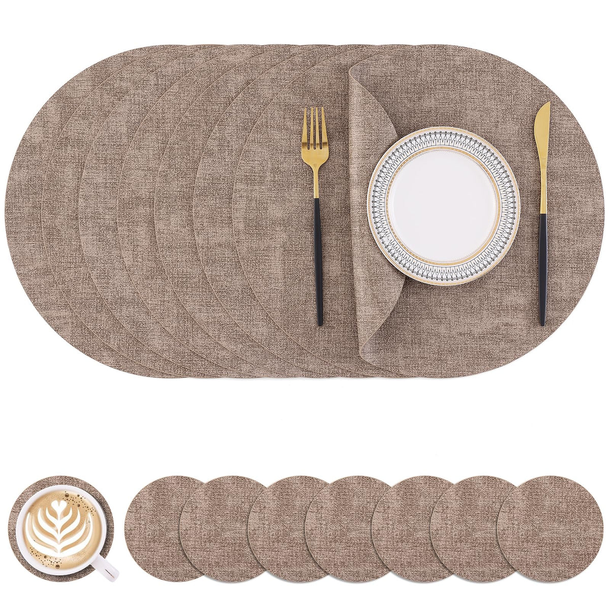 Homaxy Round Faux Leather Placemats and Coasters, Set of 6, Beige
